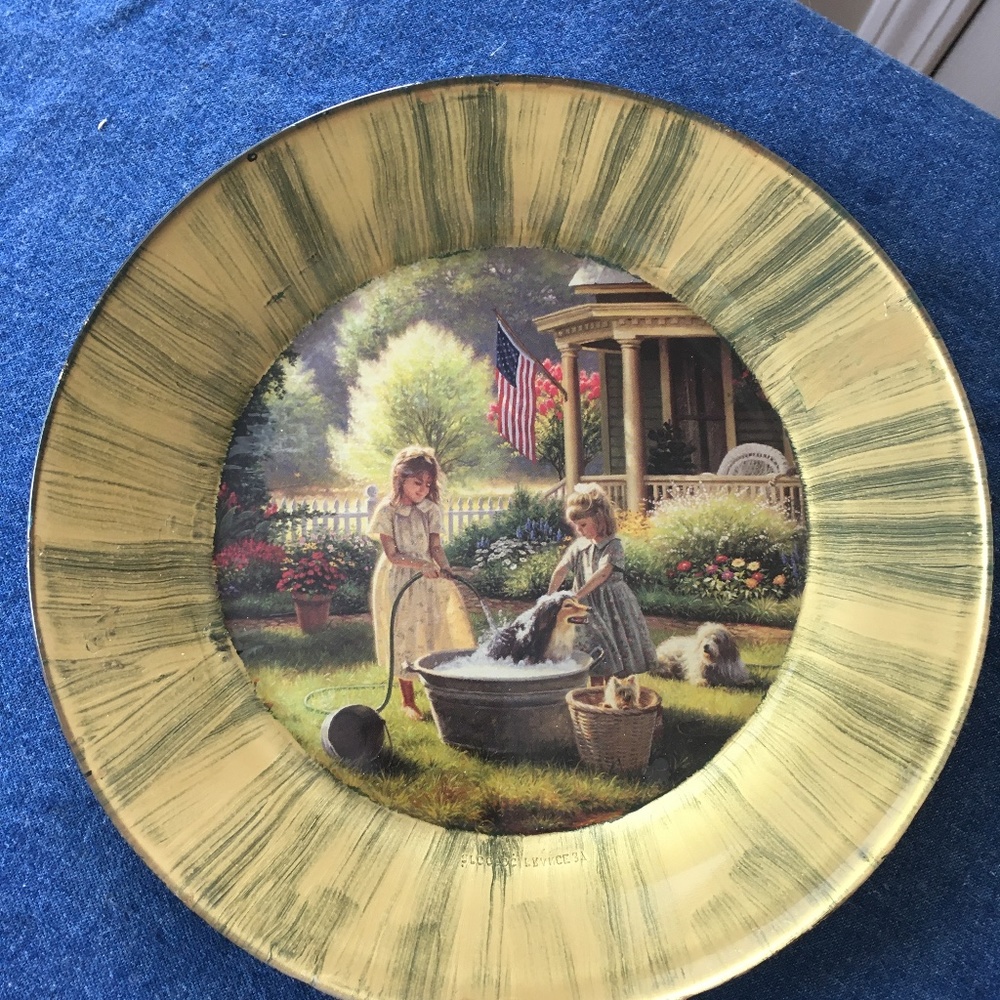 decorative plate girls washing dog - American Flag shown
